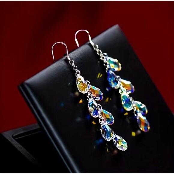Colorful Cubic Zirconia Water Drop Hook Earrings Wedding Jewelry - Picture 1 of 7